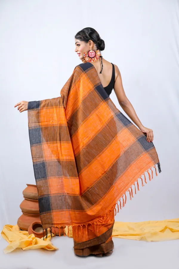 Orange_Printed_Full_Sleeve_1Pic_Women'S_Saree_And_1Pic_Men'S_Kurta_For_Couple