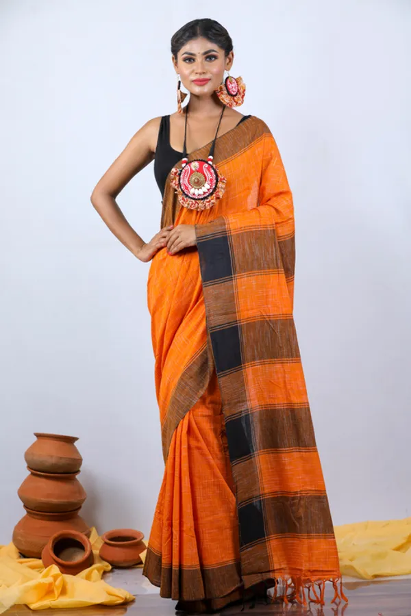 Orange_Printed_Full_Sleeve_1Pic_Women'S_Saree_And_1Pic_Men'S_Kurta_For_Couple