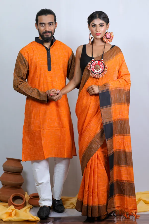 Orange_Printed_Full_Sleeve_1Pic_Women'S_Saree_And_1Pic_Men'S_Kurta_For_Couple