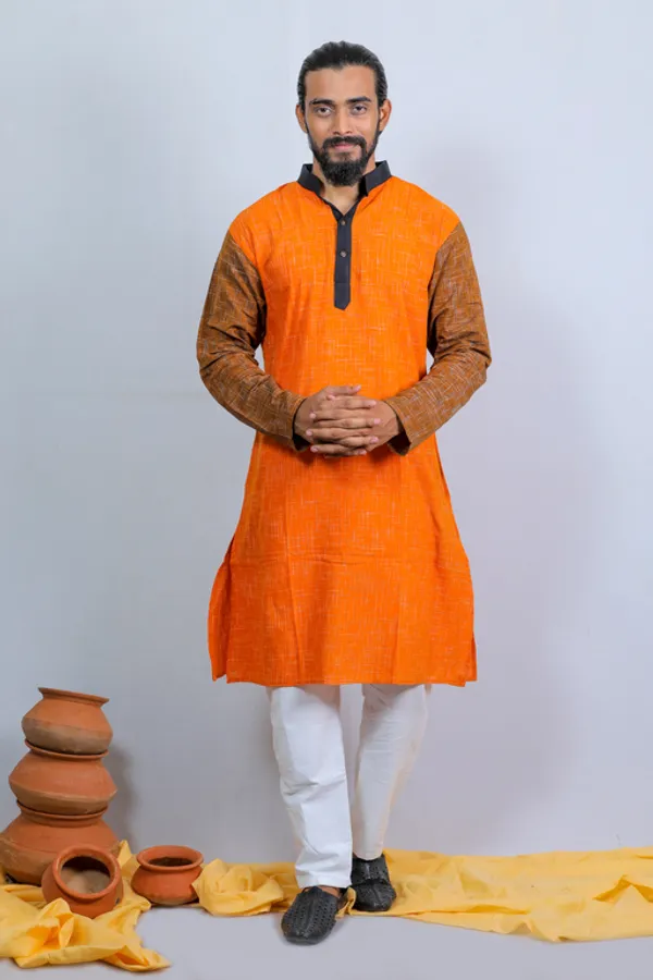 Orange_Printed_Full_Sleeve_1Pic_Women'S_Saree_And_1Pic_Men'S_Kurta_For_Couple