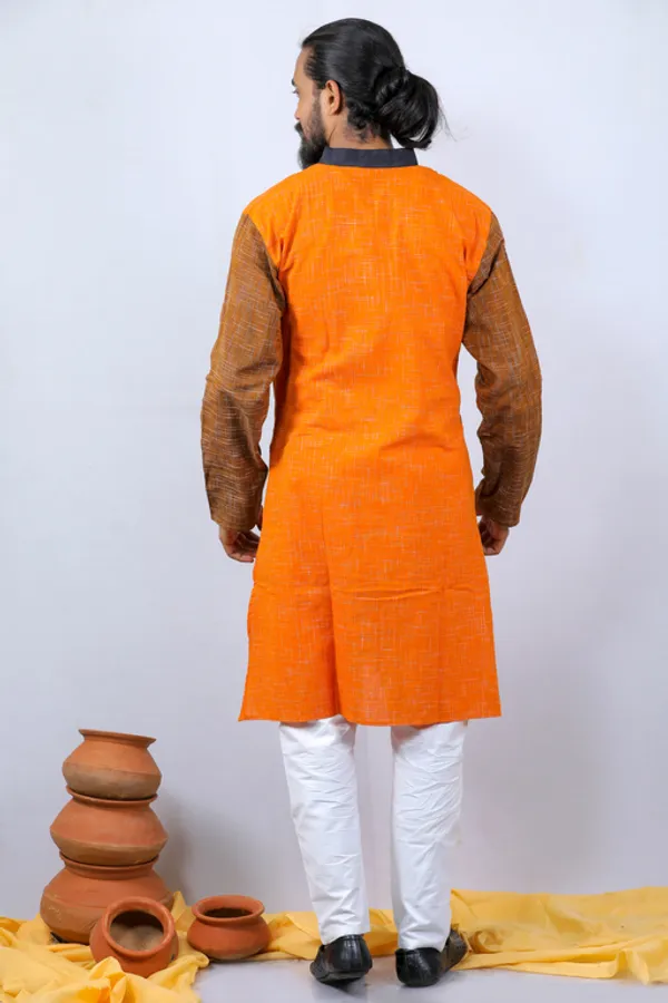 Orange_Printed_Full_Sleeve_1Pic_Women'S_Saree_And_1Pic_Men'S_Kurta_For_Couple