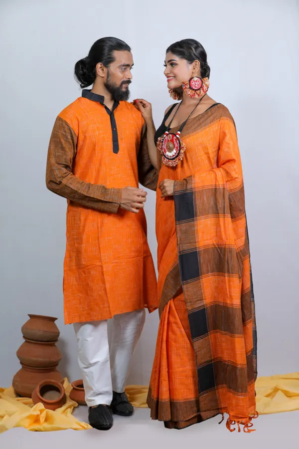 Orange_Printed_Full_Sleeve_1Pic_Women'S_Saree_And_1Pic_Men'S_Kurta_For_Couple