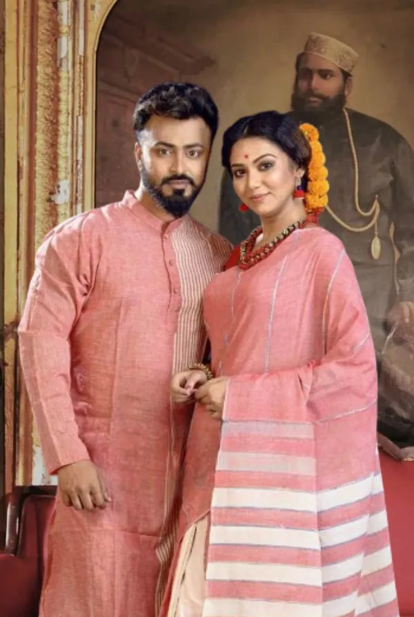 Pink_Self_Design_Full_Sleeve_Kurta_And_Saree_For_Couple