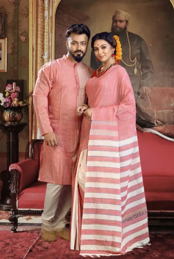 Pink_Self_Design_Full_Sleeve_Kurta_And_Saree_For_Couple