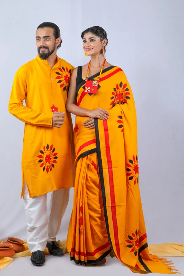 Yellow_Printed_Saree_And_Full_Sleeve_Kurta__Set_For_Couple