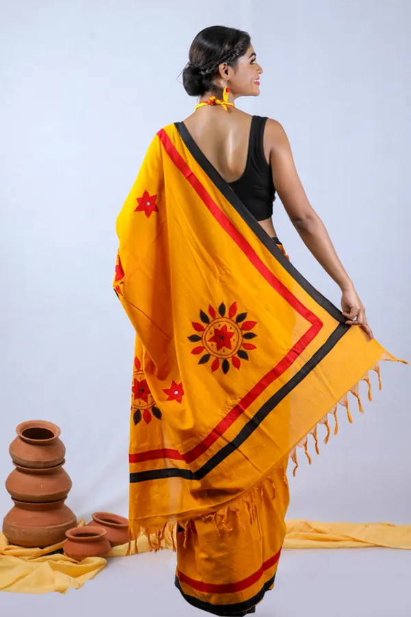 Yellow_Printed_Saree_And_Full_Sleeve_Kurta__Set_For_Couple