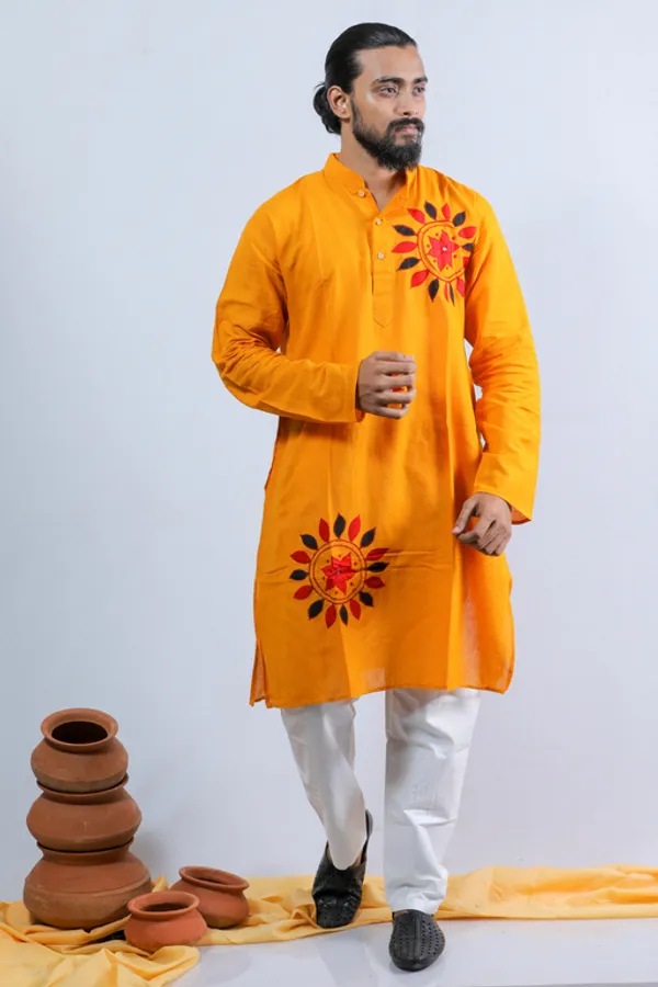Yellow_Printed_Saree_And_Full_Sleeve_Kurta__Set_For_Couple
