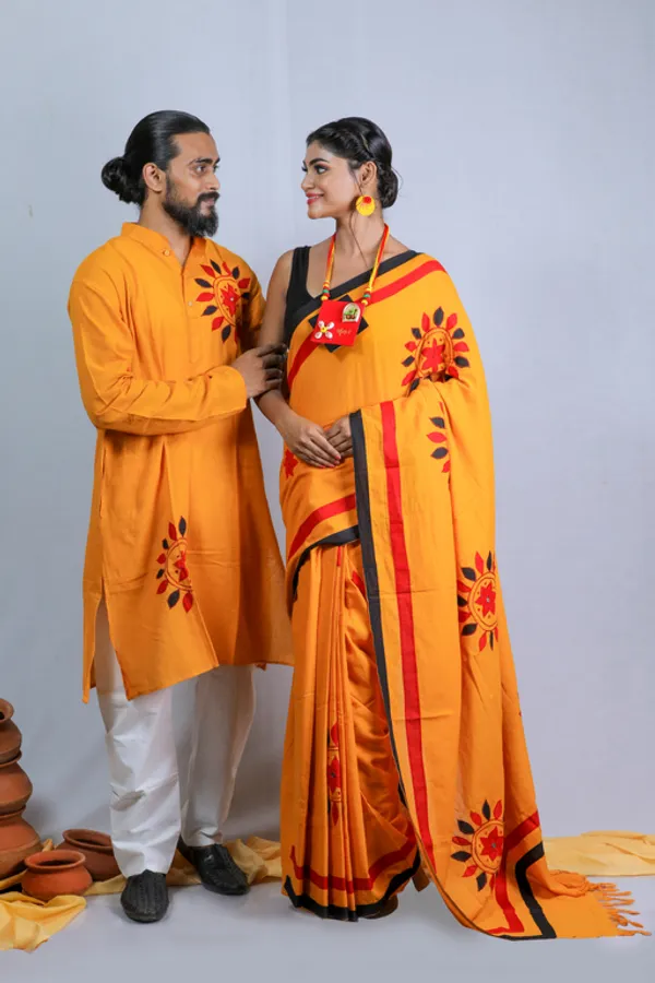 Yellow_Printed_Saree_And_Full_Sleeve_Kurta__Set_For_Couple