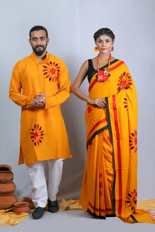 Yellow_Printed_Saree_And_Full_Sleeve_Kurta__Set_For_Couple