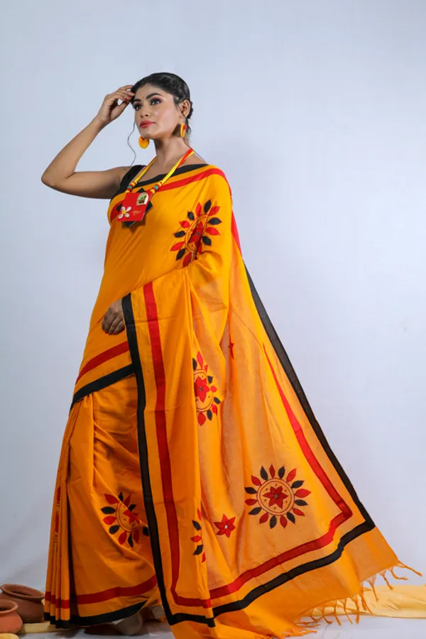 Yellow_Printed_Saree_And_Full_Sleeve_Kurta__Set_For_Couple