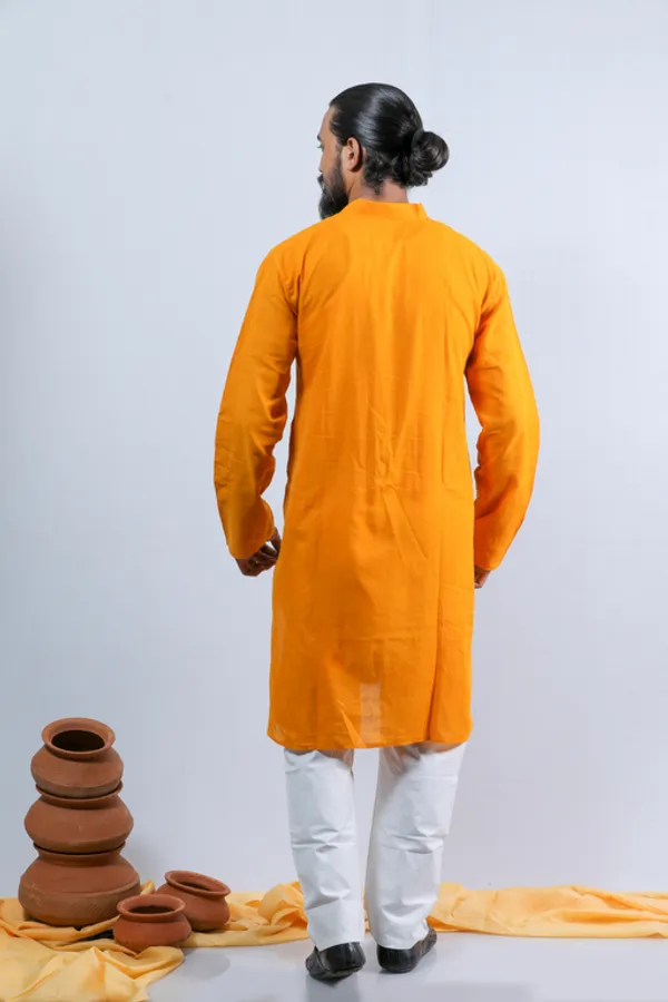 Yellow_Printed_Saree_And_Full_Sleeve_Kurta__Set_For_Couple