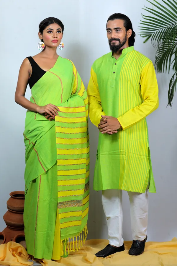 Light_Green_Printed_Full_Sleeve_1Pic_Women'S_Saree_And_1Pic_Men'S_Kurta_For_Couple