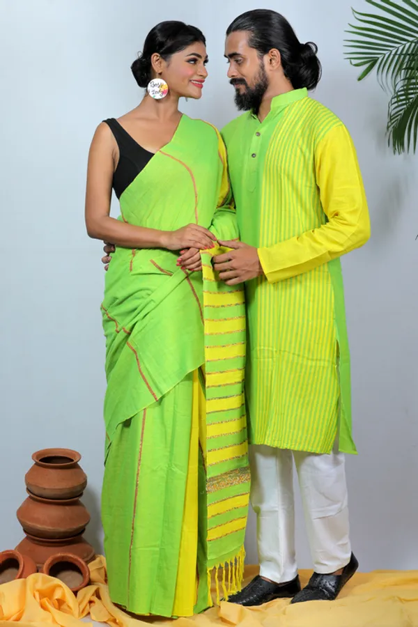 Light_Green_Printed_Full_Sleeve_1Pic_Women'S_Saree_And_1Pic_Men'S_Kurta_For_Couple