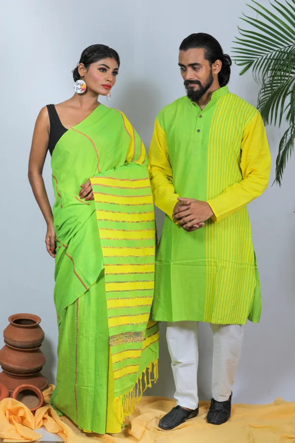 Light_Green_Printed_Full_Sleeve_1Pic_Women'S_Saree_And_1Pic_Men'S_Kurta_For_Couple