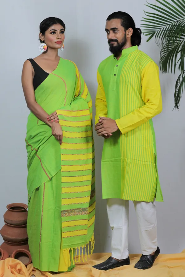 Light_Green_Printed_Full_Sleeve_1Pic_Women'S_Saree_And_1Pic_Men'S_Kurta_For_Couple