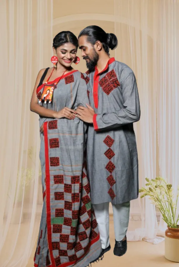 Grey_Applique_Full_Sleeve_1Pic_Women'S_Saree_And_1Pic_Men'S_Kurta_For_Couple