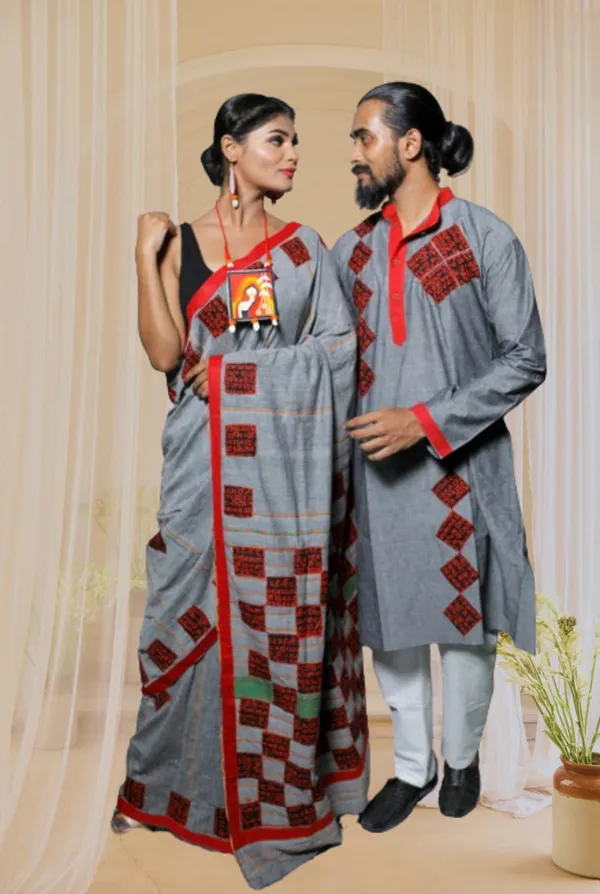 Grey_Applique_Full_Sleeve_1Pic_Women'S_Saree_And_1Pic_Men'S_Kurta_For_Couple