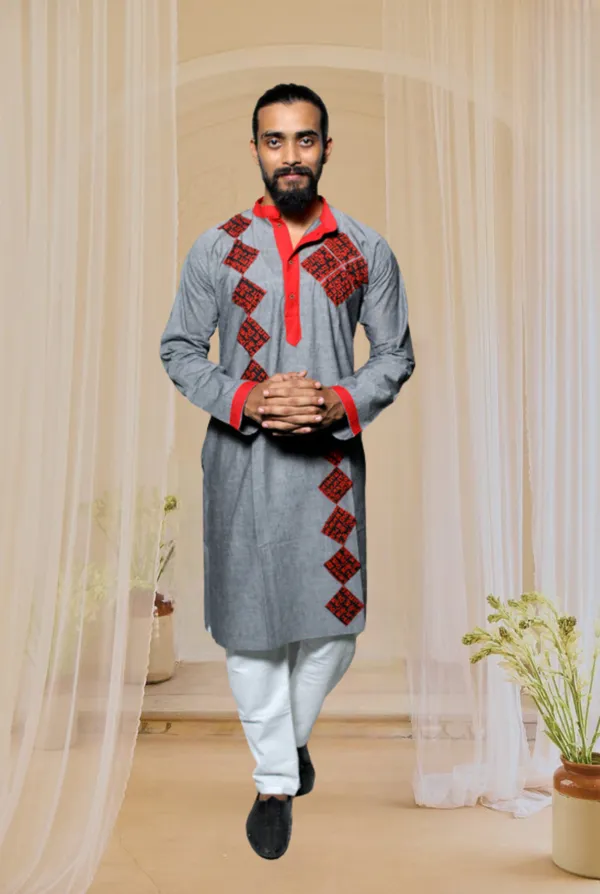 Grey_Applique_Full_Sleeve_1Pic_Women'S_Saree_And_1Pic_Men'S_Kurta_For_Couple