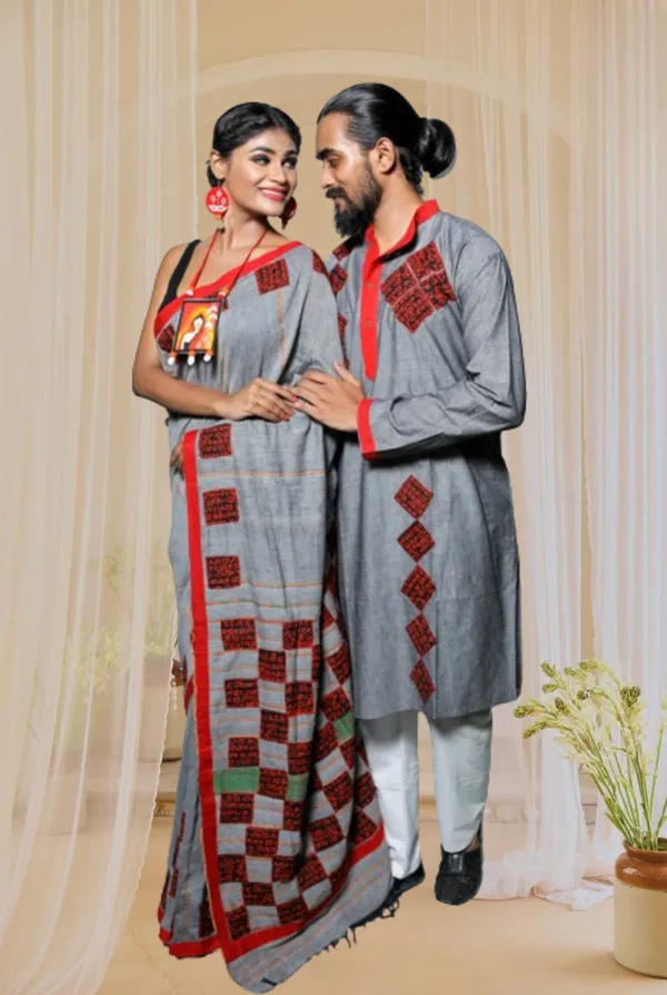 Grey_Applique_Full_Sleeve_1Pic_Women'S_Saree_And_1Pic_Men'S_Kurta_For_Couple