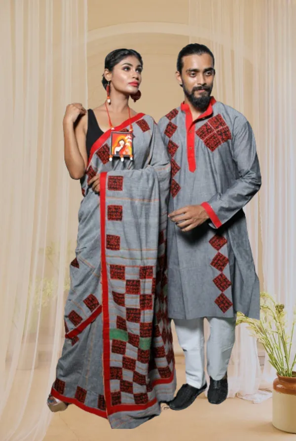 Grey_Applique_Full_Sleeve_1Pic_Women'S_Saree_And_1Pic_Men'S_Kurta_For_Couple