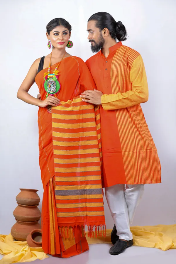 Orange_Printed_Full_Sleeve_1Pic_Women'S_Saree_And_1Pic_Men'S_Kurta_For_Couple