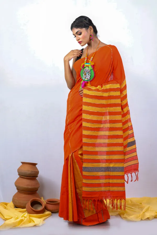 Orange_Printed_Full_Sleeve_1Pic_Women'S_Saree_And_1Pic_Men'S_Kurta_For_Couple