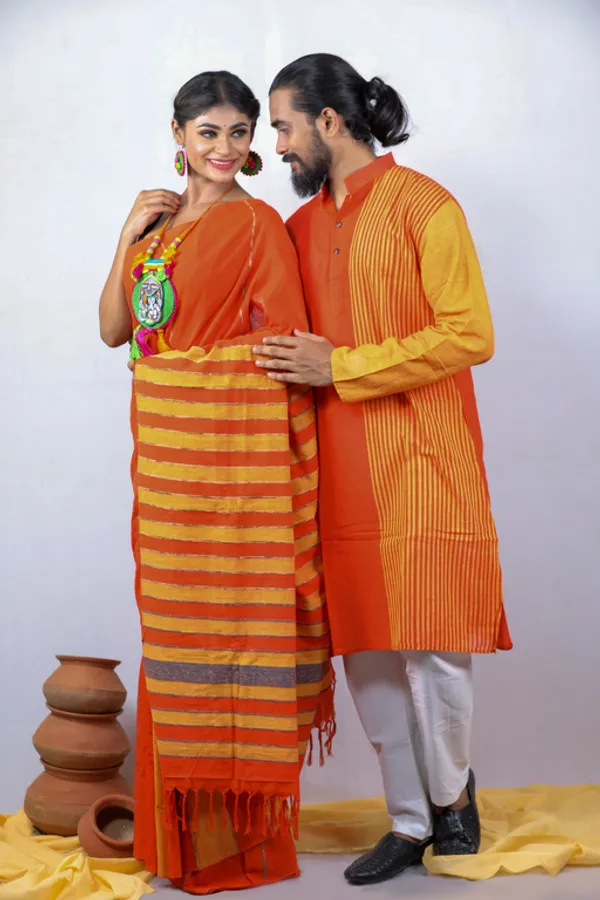 Orange_Printed_Full_Sleeve_1Pic_Women'S_Saree_And_1Pic_Men'S_Kurta_For_Couple