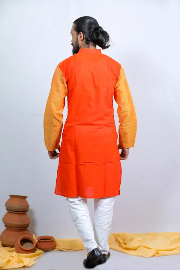 Orange_Printed_Full_Sleeve_1Pic_Women'S_Saree_And_1Pic_Men'S_Kurta_For_Couple