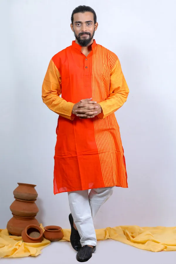 Orange_Printed_Full_Sleeve_1Pic_Women'S_Saree_And_1Pic_Men'S_Kurta_For_Couple