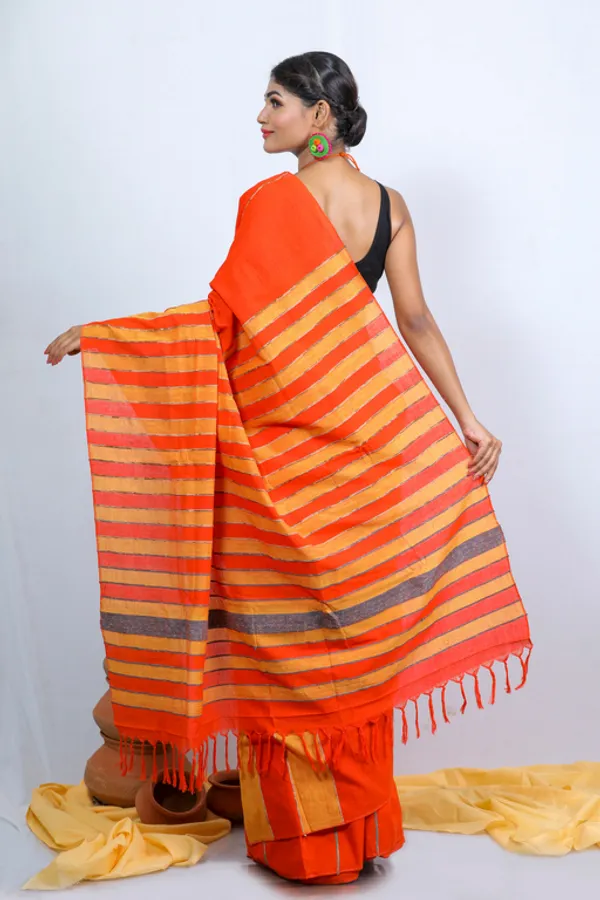 Orange_Printed_Full_Sleeve_1Pic_Women'S_Saree_And_1Pic_Men'S_Kurta_For_Couple