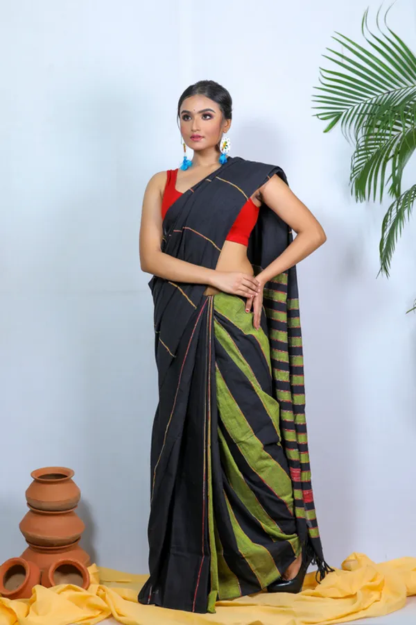 Black_Striped_Full_Sleeve_1Pic_Women'S_Saree_And_1Pic_Men'S_Kurta_For_Couple