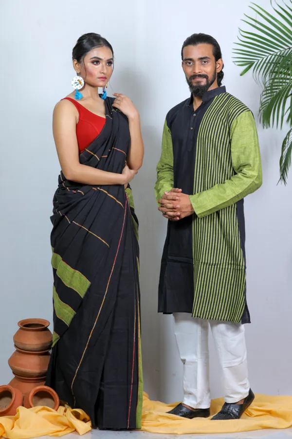 Black_Striped_Full_Sleeve_1Pic_Women'S_Saree_And_1Pic_Men'S_Kurta_For_Couple