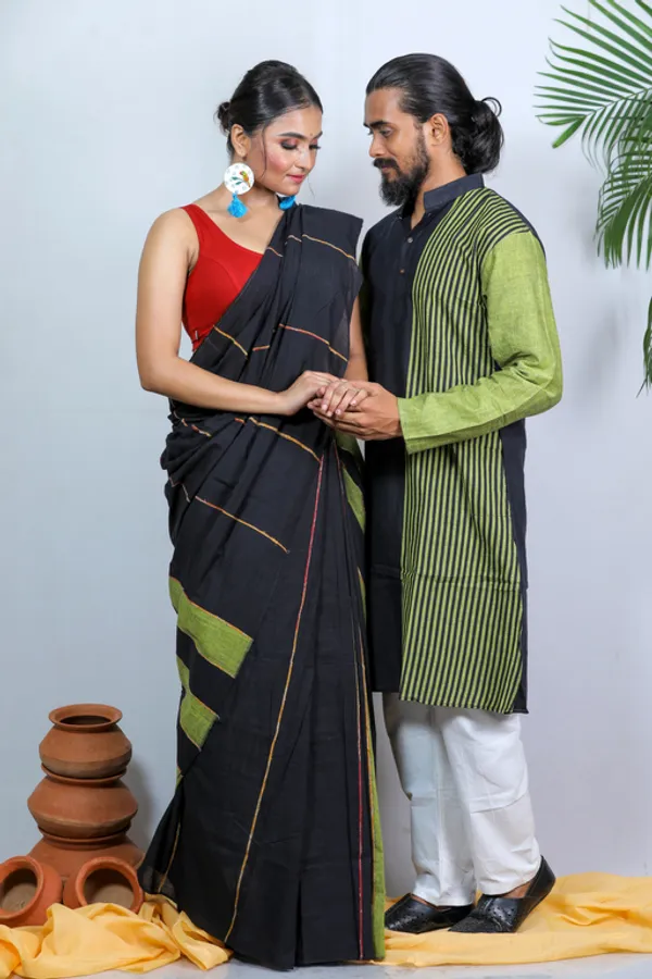 Black_Striped_Full_Sleeve_1Pic_Women'S_Saree_And_1Pic_Men'S_Kurta_For_Couple