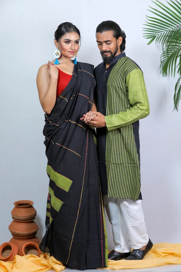 Black_Striped_Full_Sleeve_1Pic_Women'S_Saree_And_1Pic_Men'S_Kurta_For_Couple