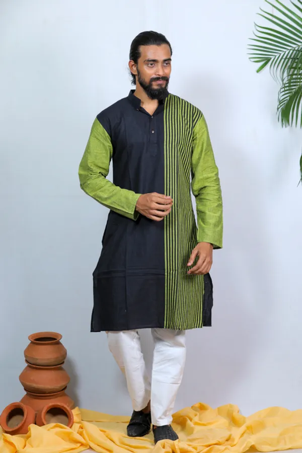 Black_Striped_Full_Sleeve_1Pic_Women'S_Saree_And_1Pic_Men'S_Kurta_For_Couple