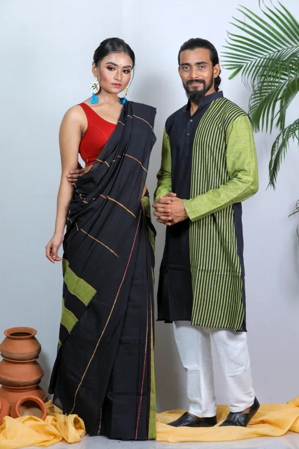 Black_Striped_Full_Sleeve_1Pic_Women'S_Saree_And_1Pic_Men'S_Kurta_For_Couple