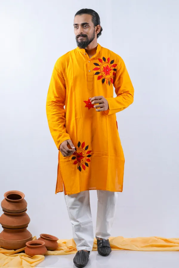 Orange_Printed_Full_Sleeve_Kurta_And_Pyjama_Set_for_Men