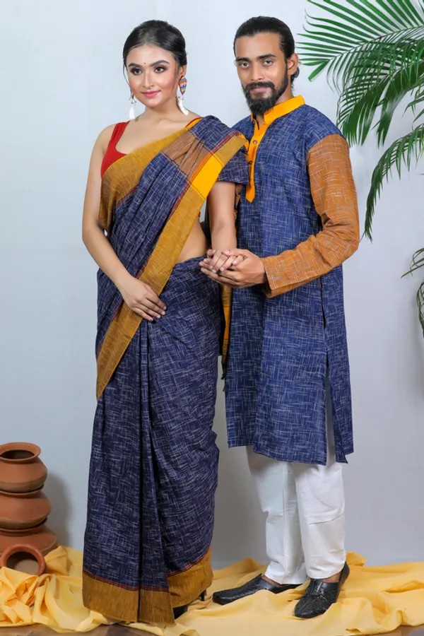 Blue_Printed_Full_Sleeve_1Pic_Women'S_Saree_And_1Pic_Men'S_Kurta_For_Couple