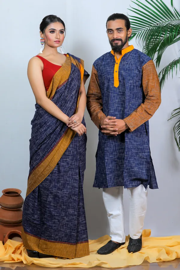 Blue_Printed_Full_Sleeve_1Pic_Women'S_Saree_And_1Pic_Men'S_Kurta_For_Couple