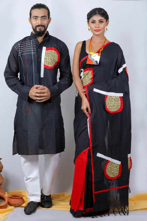 Black_Printed_Full_Sleeve_1Pic_Women'S_Saree_And_1Pic_Men'S_Kurta_For_Couple