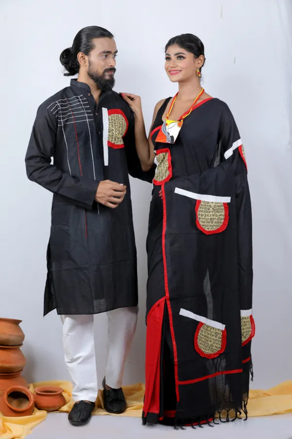 Black_Printed_Full_Sleeve_1Pic_Women'S_Saree_And_1Pic_Men'S_Kurta_For_Couple