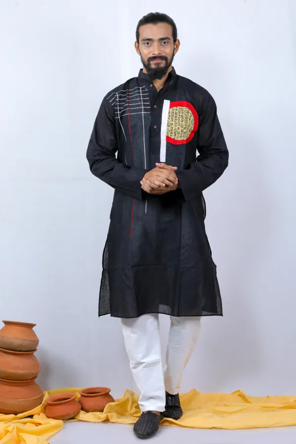 Black_Printed_Full_Sleeve_1Pic_Women'S_Saree_And_1Pic_Men'S_Kurta_For_Couple