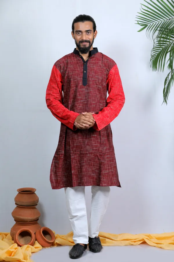 Maroon_Printed_Full_Sleeve_1Pic_Women'S_Saree_And_1Pic_Men'S_Kurta_For_Couple