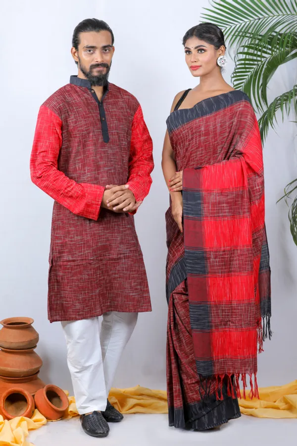 Maroon_Printed_Full_Sleeve_1Pic_Women'S_Saree_And_1Pic_Men'S_Kurta_For_Couple