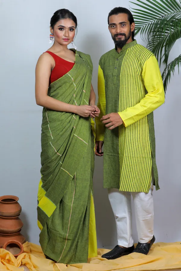 Dark_Green_Printed_Full_Sleeve_1Pic_Women'S_Saree_And_1Pic_Men'S_Kurta_For_Couple