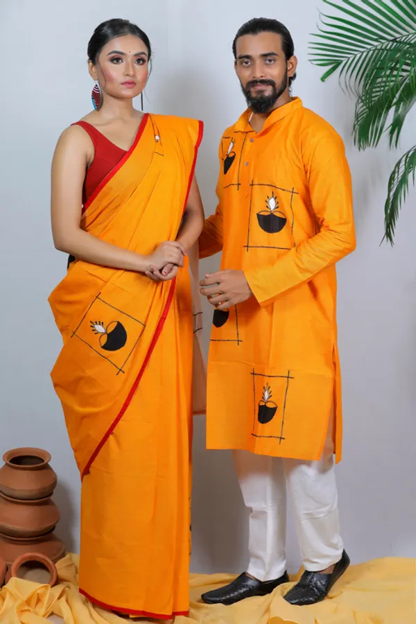 Yellow_Applique_Full_Sleeve_1Pic_Women'S_Saree_And_1Pic_Men'S_Kurta_For_Couple