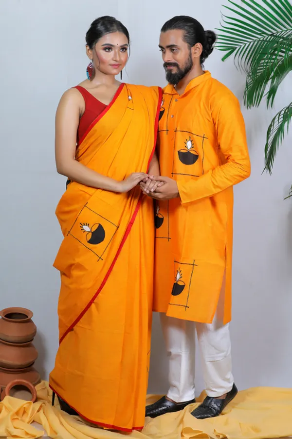 Yellow_Applique_Full_Sleeve_1Pic_Women'S_Saree_And_1Pic_Men'S_Kurta_For_Couple