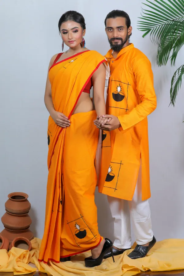 Yellow_Applique_Full_Sleeve_1Pic_Women'S_Saree_And_1Pic_Men'S_Kurta_For_Couple