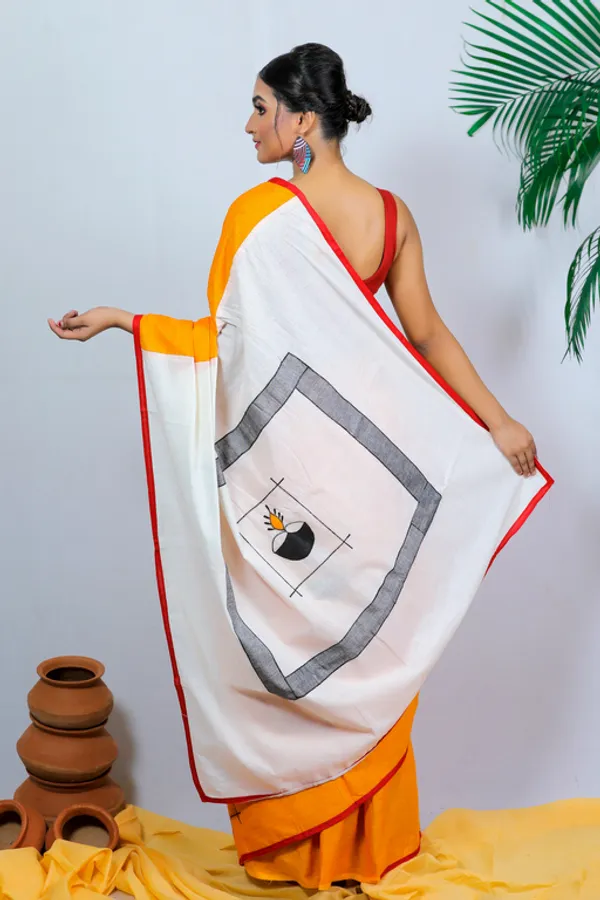 Yellow_Applique_Full_Sleeve_1Pic_Women'S_Saree_And_1Pic_Men'S_Kurta_For_Couple