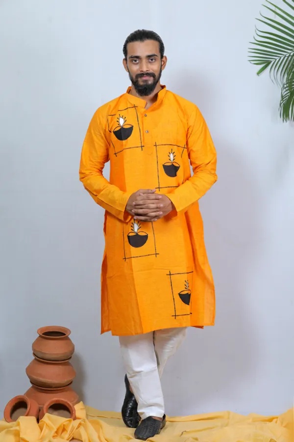 Yellow_Applique_Full_Sleeve_1Pic_Women'S_Saree_And_1Pic_Men'S_Kurta_For_Couple